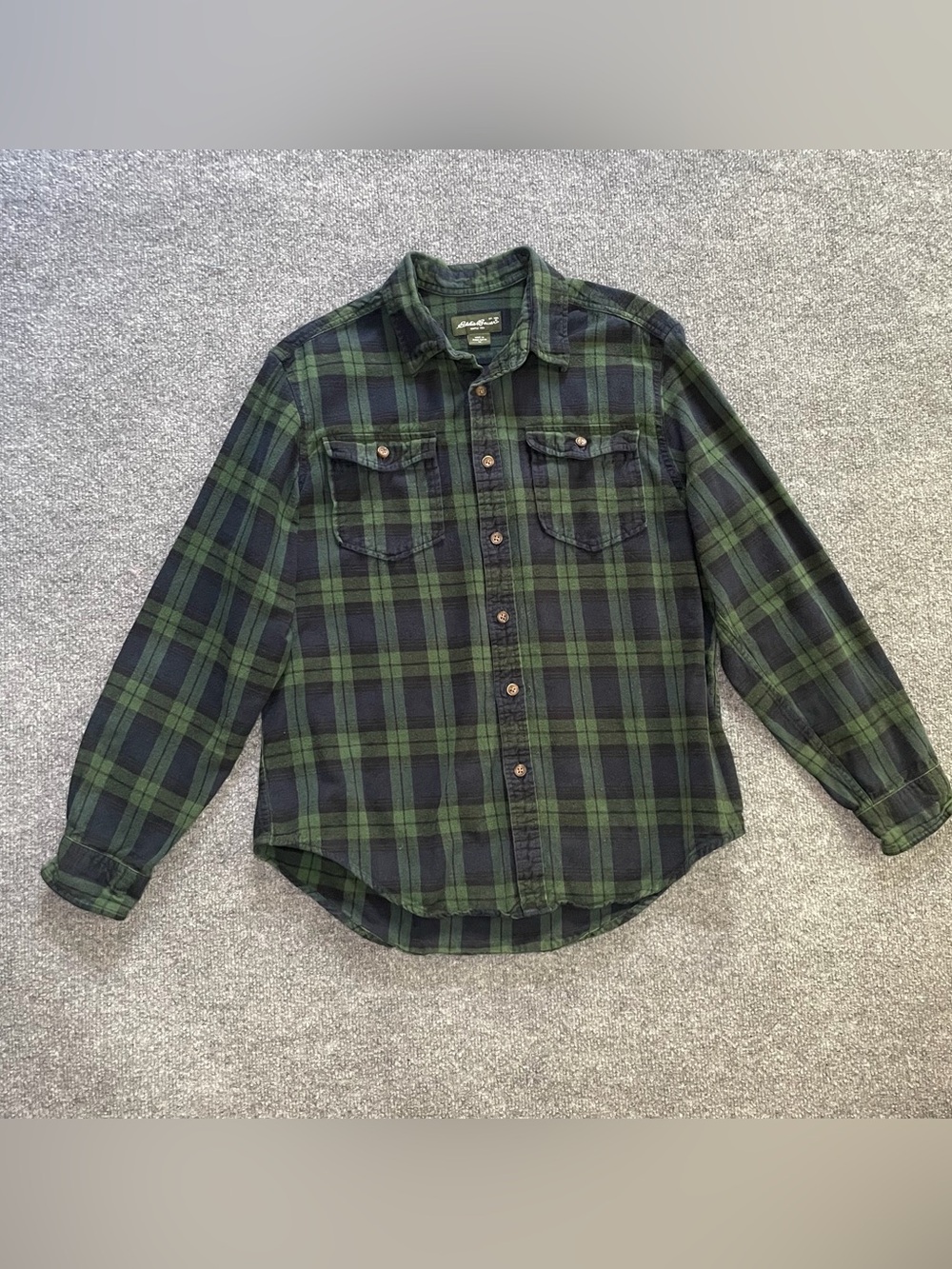 Eddie Bauer Green and Navy Plaid Flannel Shirt
